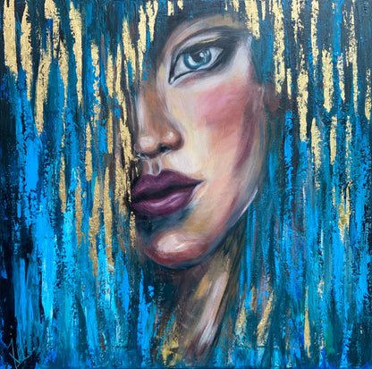 Abstract Woman Face Painting Original Abstract Girl Face Wall Art Luxury Gift for Her Blue Gold Painting 70x70cm Woman Wall Decor Modern Art