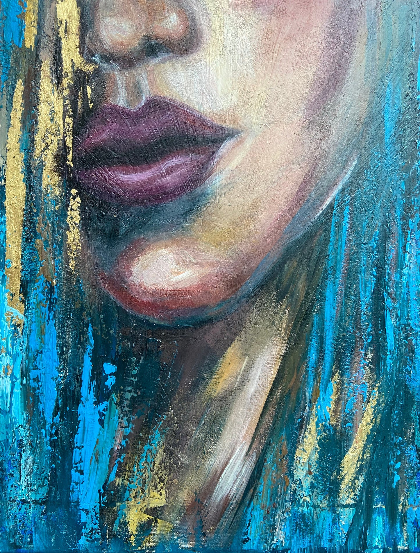 Abstract Woman Face Painting Original Abstract Girl Face Wall Art Luxury Gift for Her Blue Gold Painting 70x70cm Woman Wall Decor Modern Art