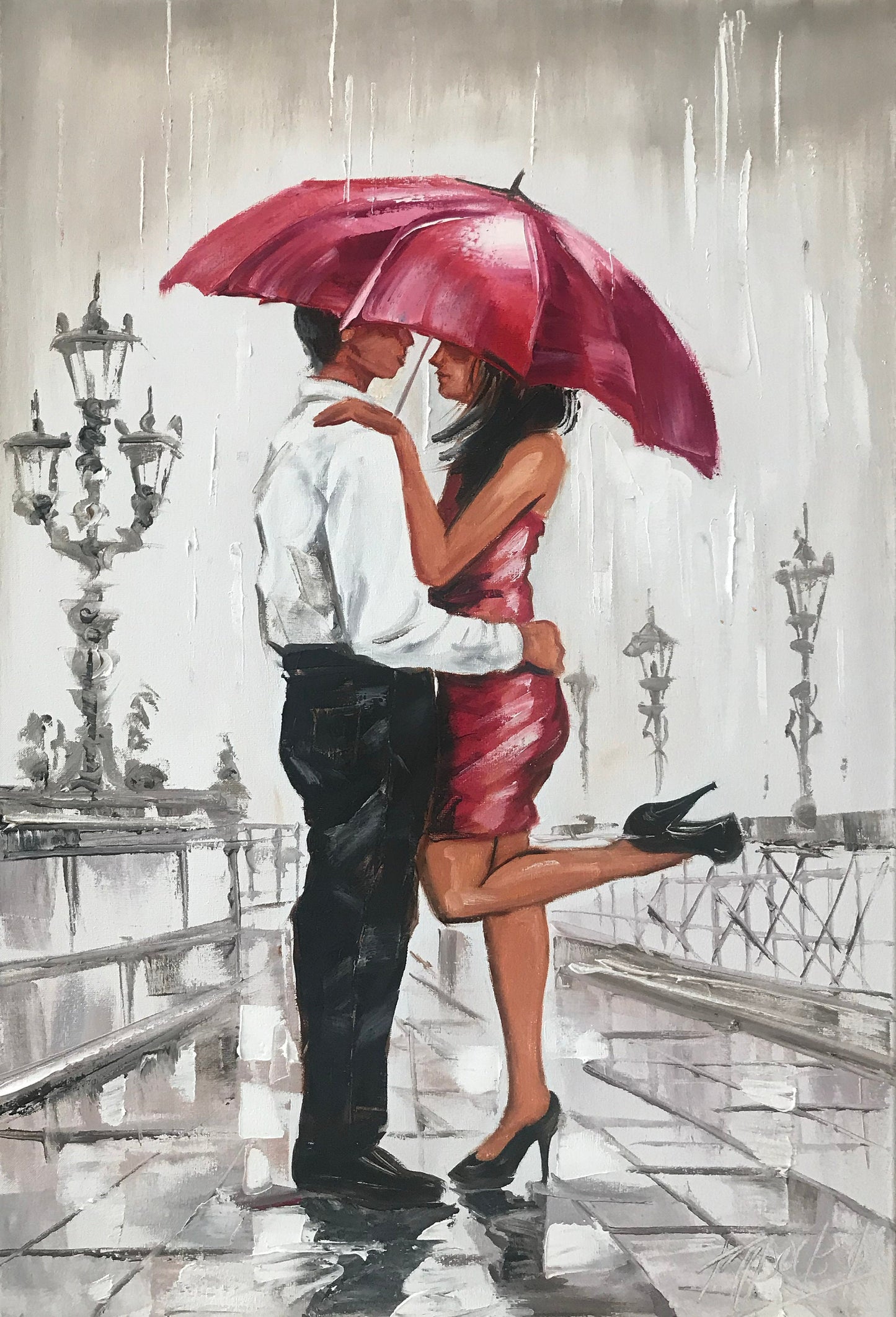 Couple Under Umbrella Oil Painting Original Romantic Wall Art Gray Pink Bedroom Decor Romantic Gifts For Her Love Couple Painting on Canvas