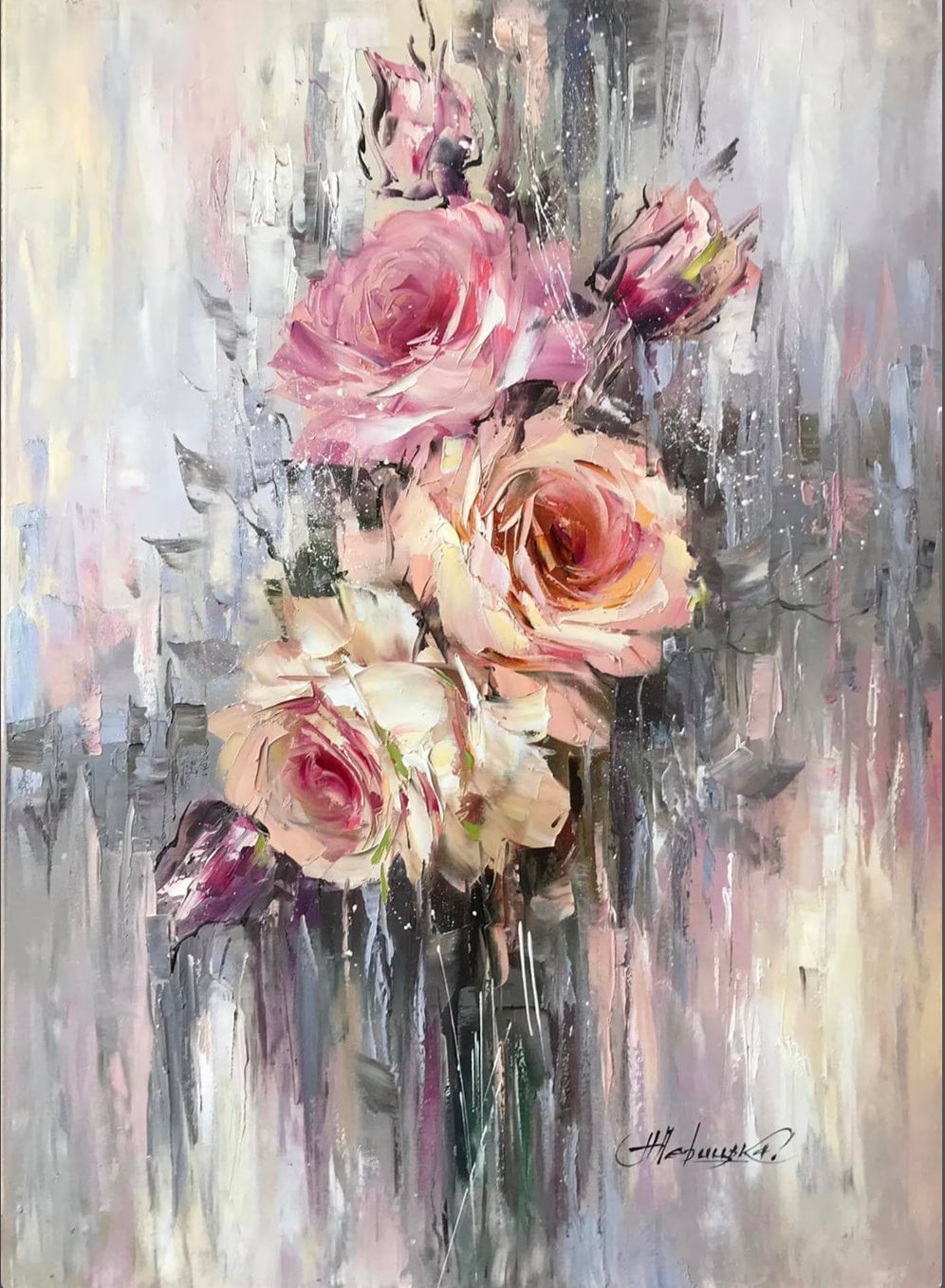 Set of 2 Painting Floral Wall Decor for Hotel Flowers Paintings Pink Gray Art 30x40 2 Abstract Flower Oil Painting Two Paintings Set 36x48