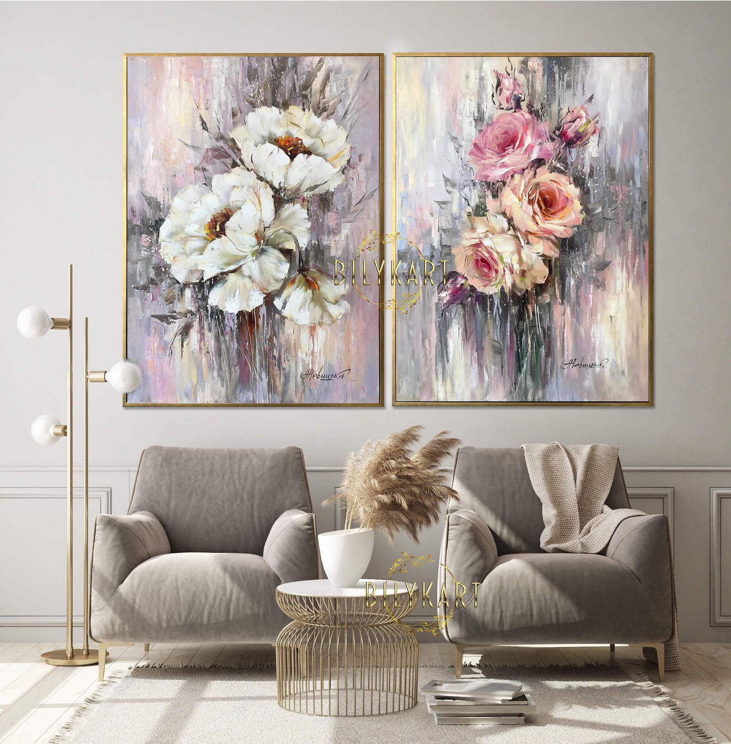 Set of 2 Painting Floral Wall Decor for Hotel Flowers Paintings Pink Gray Art 30x40 2 Abstract Flower Oil Painting Two Paintings Set 36x48