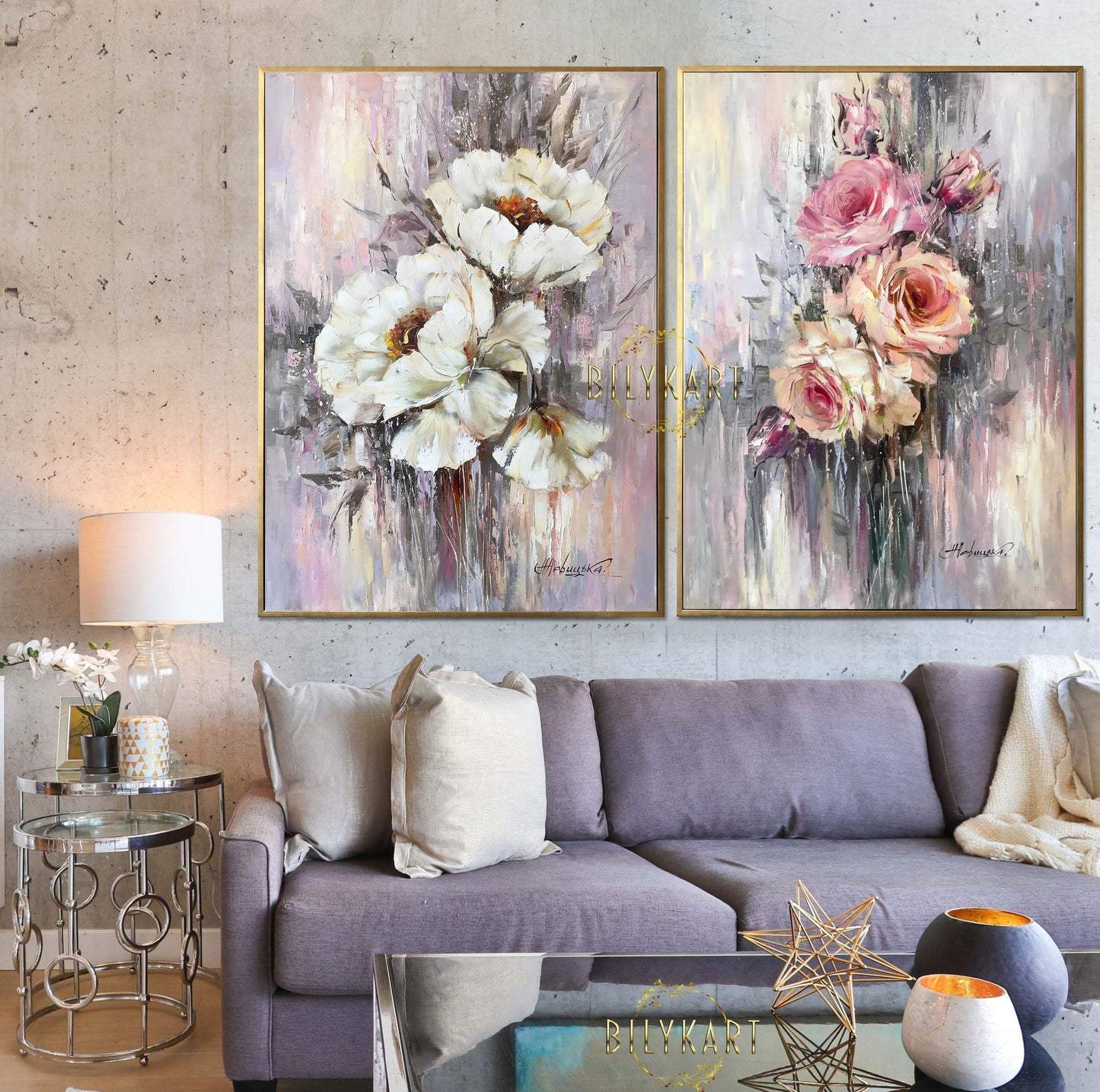 Set of 2 Painting Floral Wall Decor for Hotel Flowers Paintings Pink Gray Art 30x40 2 Abstract Flower Oil Painting Two Paintings Set 36x48