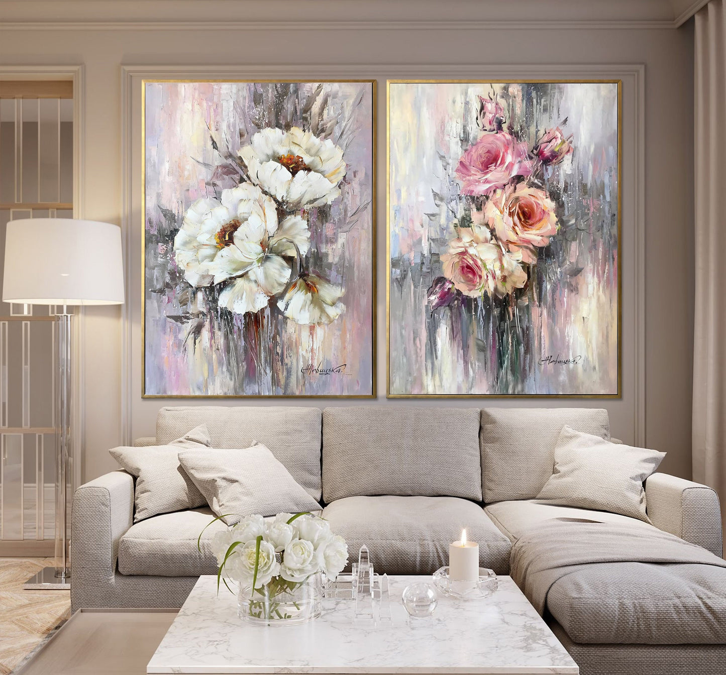 Set of 2 Painting Floral Wall Decor for Hotel Flowers Paintings Pink Gray Art 30x40 2 Abstract Flower Oil Painting Two Paintings Set 36x48