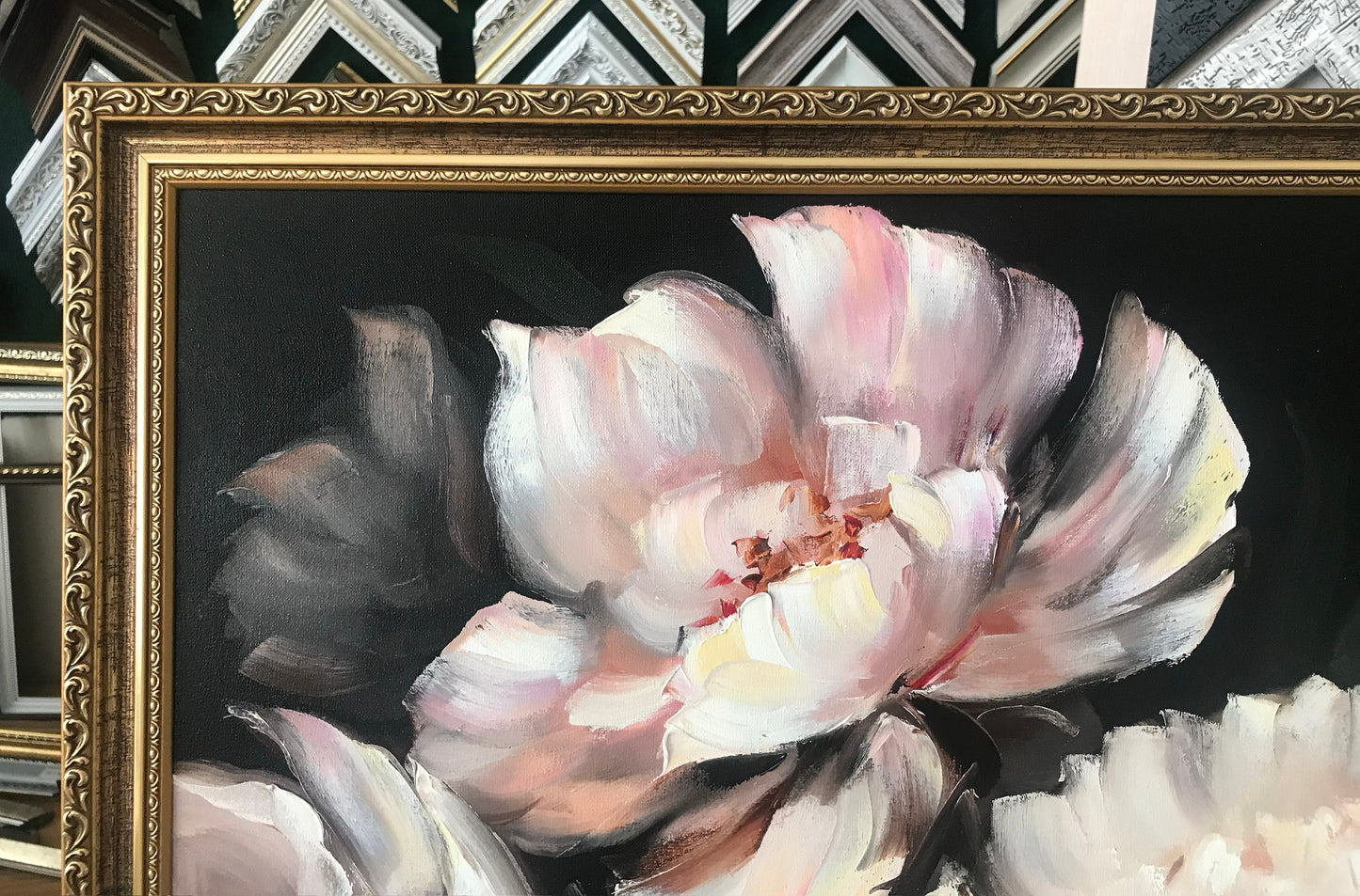 White Peonies Oil Painting Original Peonies Wall Art Black and White Flower Wall Decor Large Peony Painting on Canvas