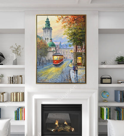 Europe Cityscape Painting Original Large European Wall Decor City Art Work Living Room Wall Art Fall Evening in Old Town Lviv Oil Painting