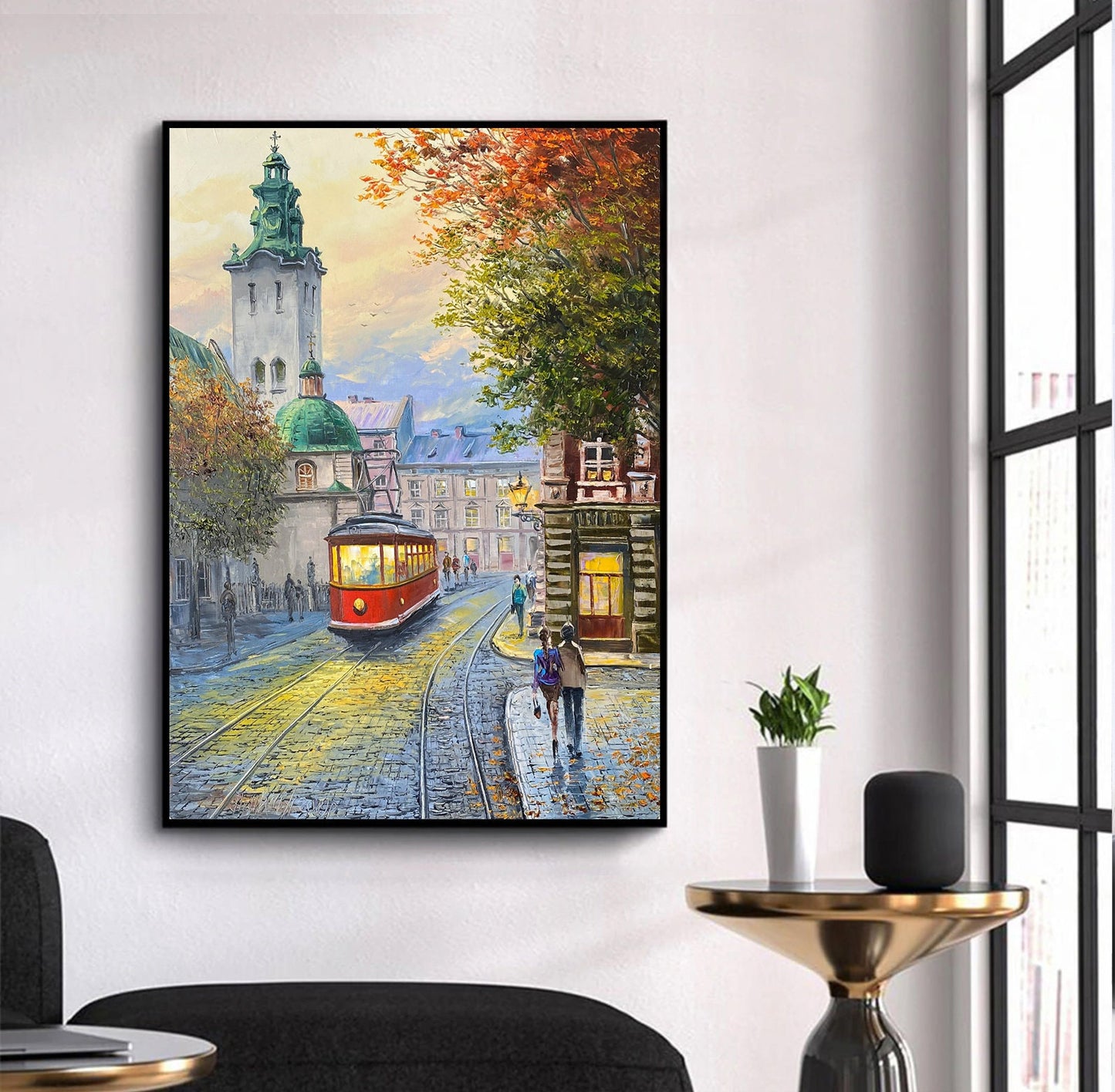 Europe Cityscape Painting Original Large European Wall Decor City Art Work Living Room Wall Art Fall Evening in Old Town Lviv Oil Painting