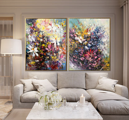 Set of 2 Large Canvas Paintings Floral Wall Decor Floras Handmade Paintings 2 Piece Wall Art Abstract Flower Oil Painting Two Paintings Set