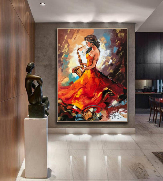Girl Playing Saxophone Painting, Jazz Wall Art, Girl In Red Dress Painting on Canvas, Saxophone Player Gift,Original Jazz Woman Oil Painting