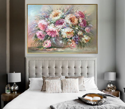 Peonies Flowers Painting on Canvas Peony Wall Art for Sale Flowers in Vase Oil Painting Original Peony Painting Framed Art