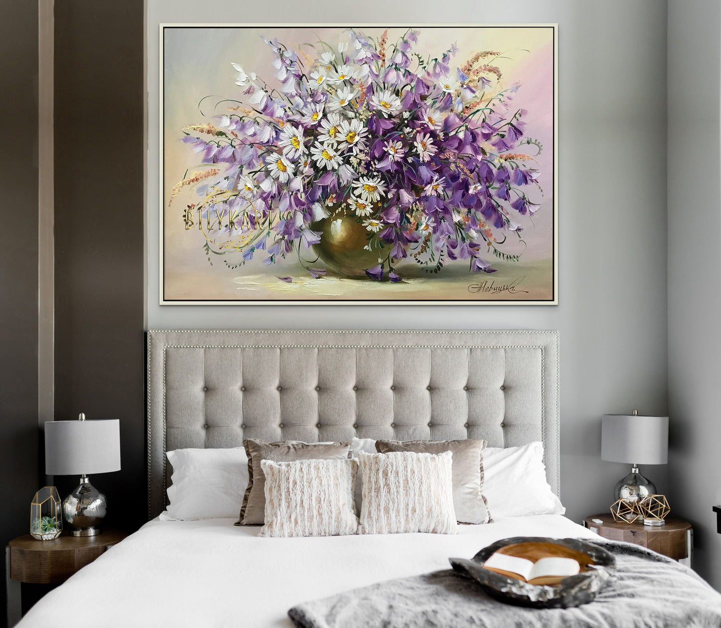 Purple Flowers Oil Painting Canvas Wildflowers Wall Art Daisies Original Art Bluebells Gift Kitchen Wall Decor Floral Still Life Painting