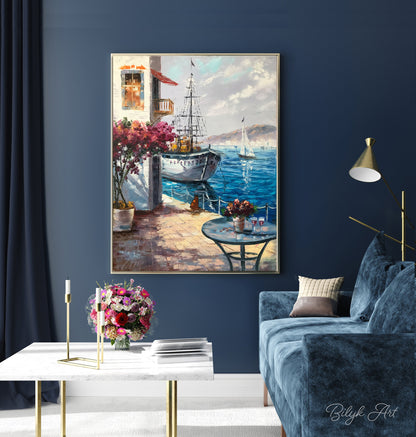 Greece Oil Painting Original Framed Oil Painting of Greek Villas Mediterranean Travel Painting on Canvas Greek Painting Greece Wall Art