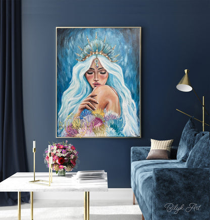 Original Mermaid Painting on Canvas Blue Mermaid Wall Art Under The Sea Painting Mermaid Artwork Underwater Painting Mermaid Girl Gift