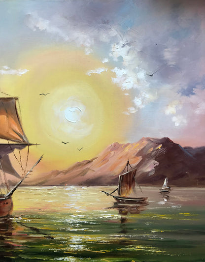 Sailing Ship Oil Painting Original Ship At Sunset Painting Sailing Wall Art Coastal Sailboat Artwork Ships at Sea Paintings Sailing Art