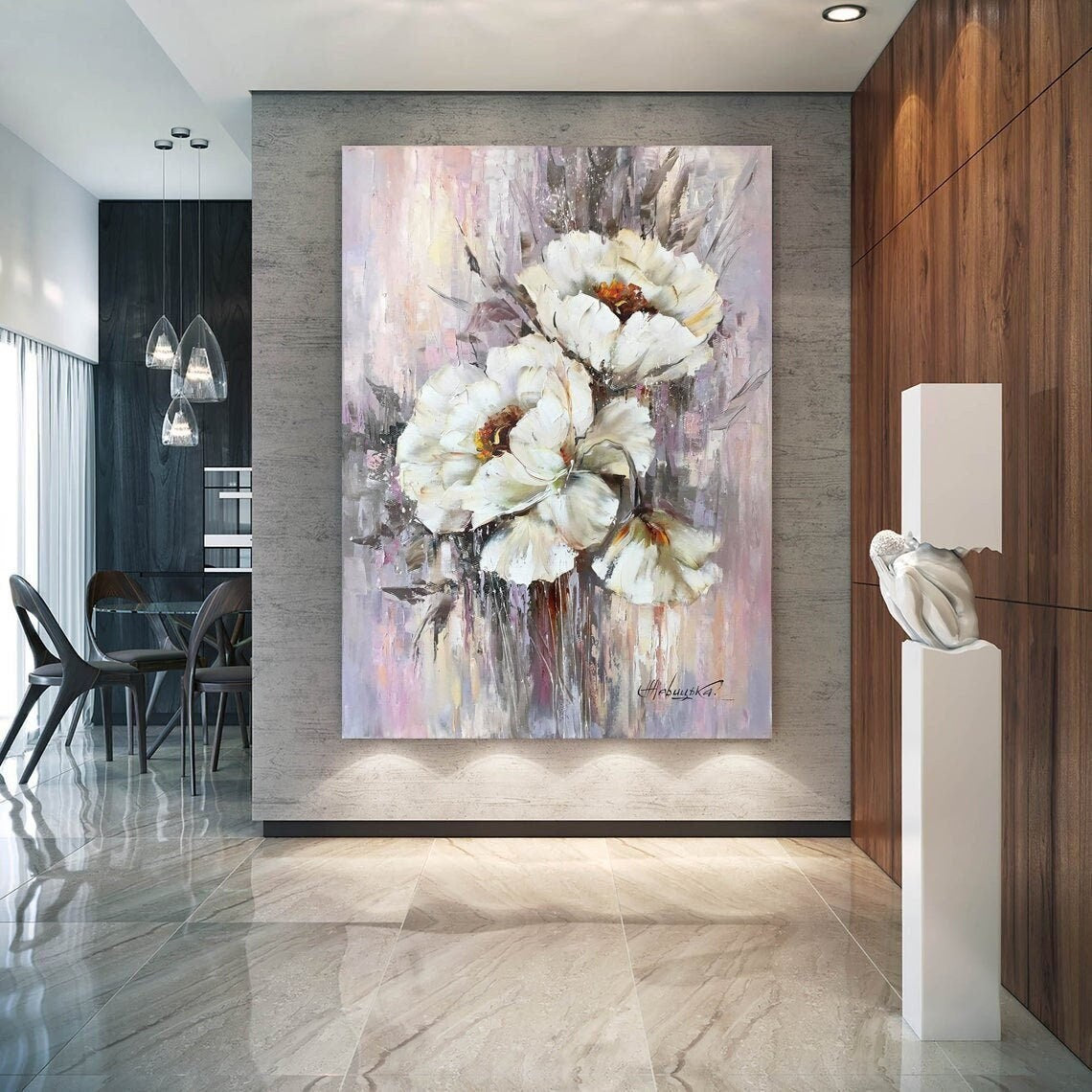 Large White Flower Painting Wildflower Oil Painting Modern Botanical Art Dining Room Decor Luxury Oversize Painting Extra Large Abstract Art