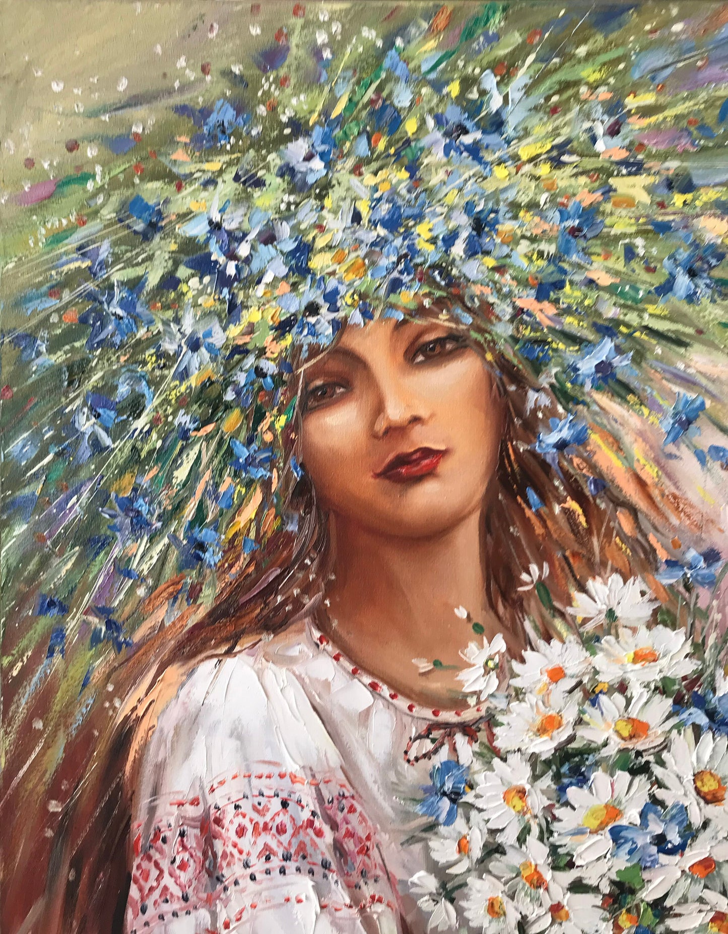 Ukrainian Girl Painting Original Woman with Bouquet Painting on Canvas Ukrainian Girl Art Ukraine Home Decor