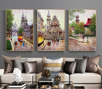 Set of 3 Painting Original European Town Paintings on Canvas Europe City Wall Gallery Set 3 Piece Wall Art Three City Paintings Set 24x36