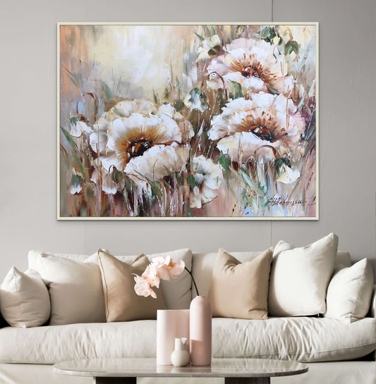 Big Abstract Flower Oil Painting Beige Floral Wall Art Neutral Color Flower Paintings Large Flowers for Wall Decor Painting Abstract