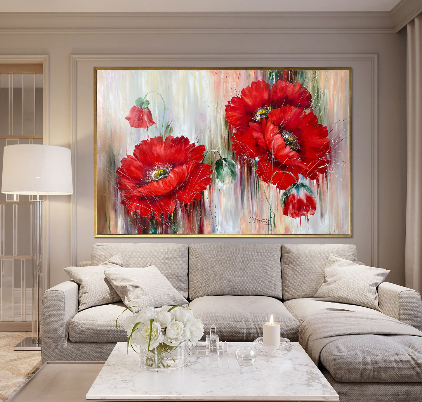 Red Poppies Painting, Handpainted Flowers Wall Art Decor 32x24, Red Flower Painting on Canvas, Large Poppy Painting, Original Floral Oil Art