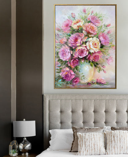 Pink Roses Oil Painting Original Flowers in a Vase Painting Classic Wall Art Pink Flowers Art Roses Bouquet Oil Painting Art Gift For Her