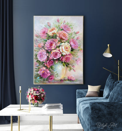 Pink Roses Oil Painting Original Flowers in a Vase Painting Classic Wall Art Pink Flowers Art Roses Bouquet Oil Painting Art Gift For Her