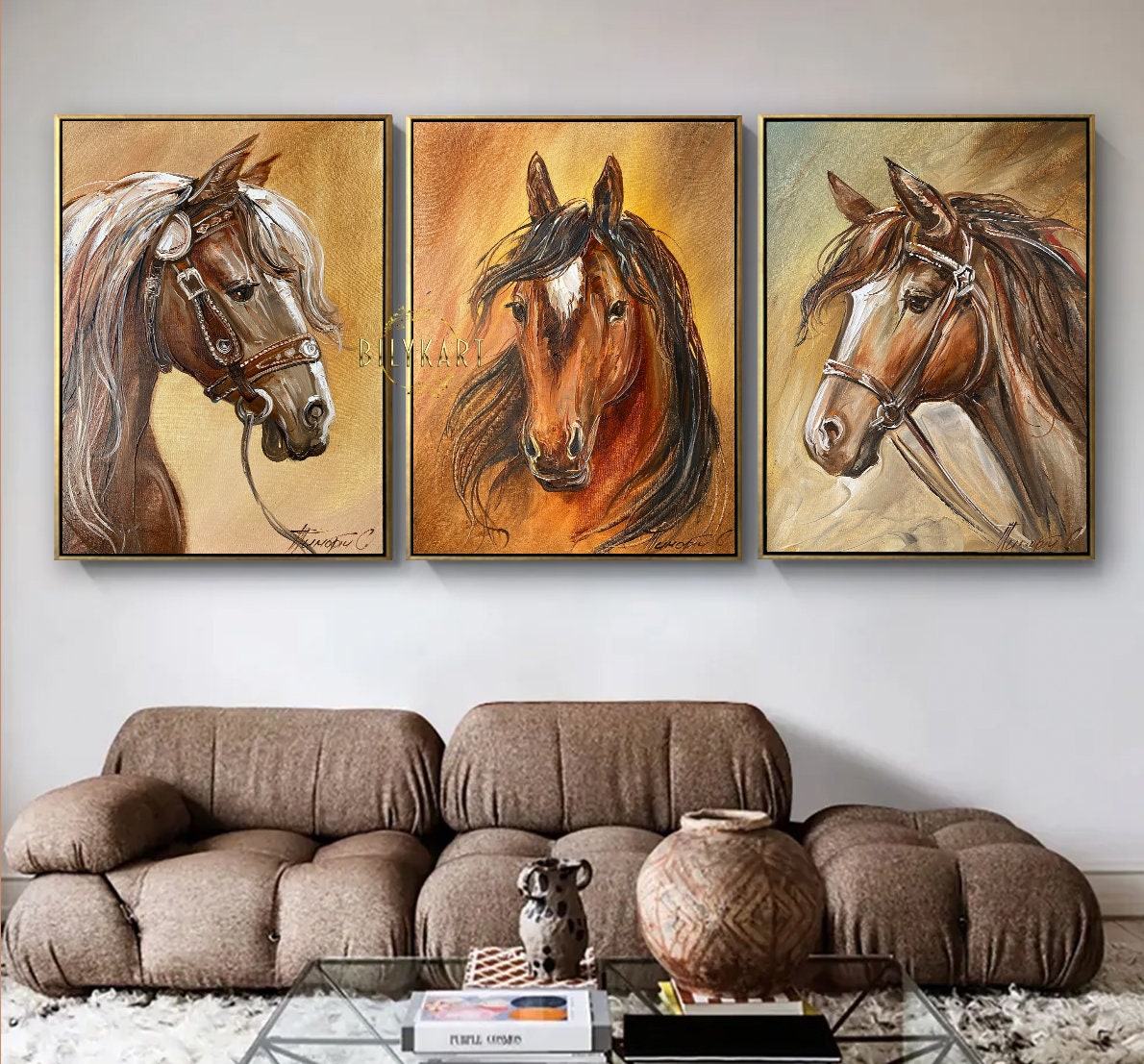 Set of 3 Oil Painting Original Large Horse Wall Art Decor Arabian Horse Paintings on Canvas 3 Piece Wall Art Large Three Horse Paintings Set