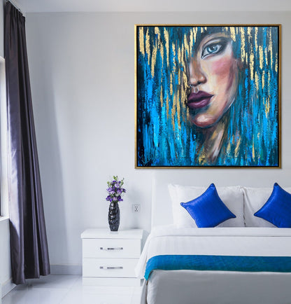 Abstract Woman Face Painting Original Abstract Girl Face Wall Art Luxury Gift for Her Blue Gold Painting 70x70cm Woman Wall Decor Modern Art