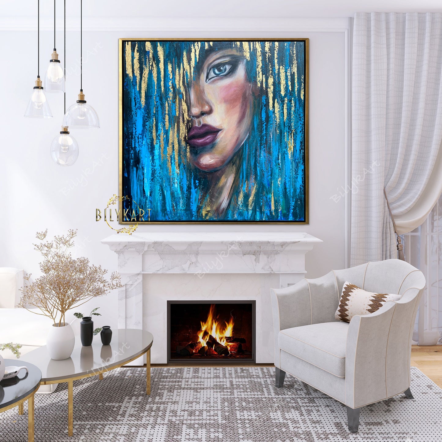 Abstract Woman Face Painting Original Abstract Girl Face Wall Art Luxury Gift for Her Blue Gold Painting 70x70cm Woman Wall Decor Modern Art