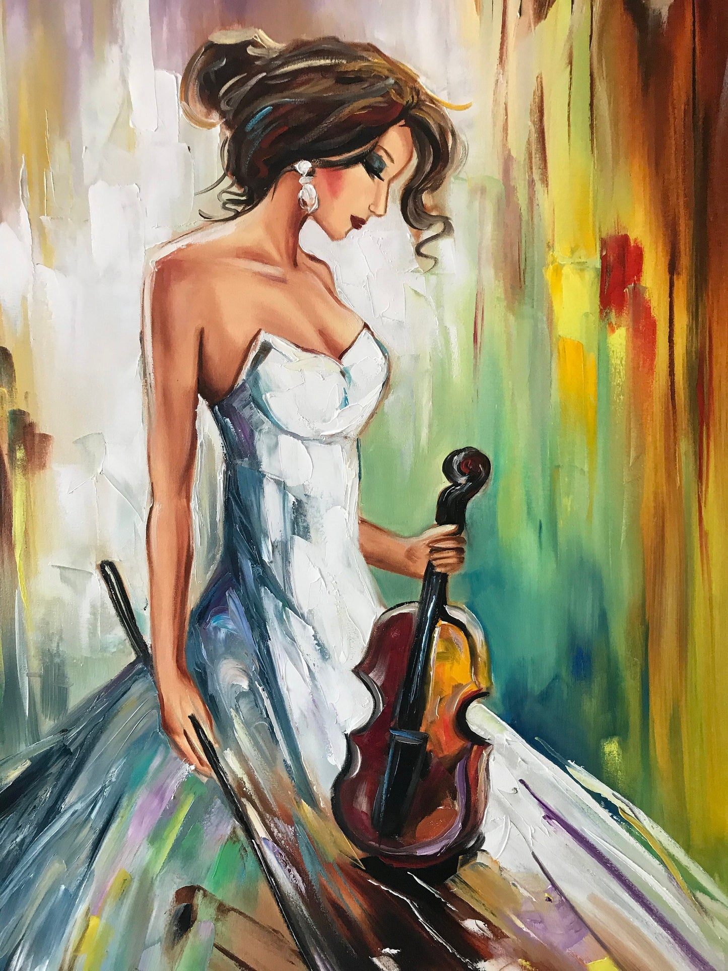 Pretty Woman Oil Painting Original Abstract Music Wall Art Luxury Gift for Woman Girl in Dress Painting Canvas Violin Wall Decor Music Art