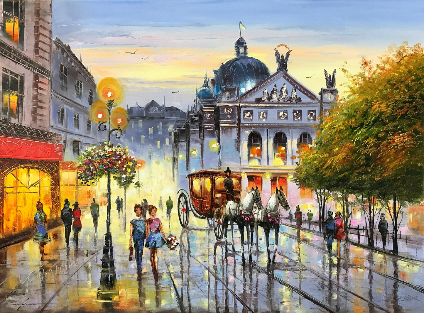 Large City Painting on Canvas European City Wall Art City Scape Oil Painting Original Architecture Painting European Street Scene Painting