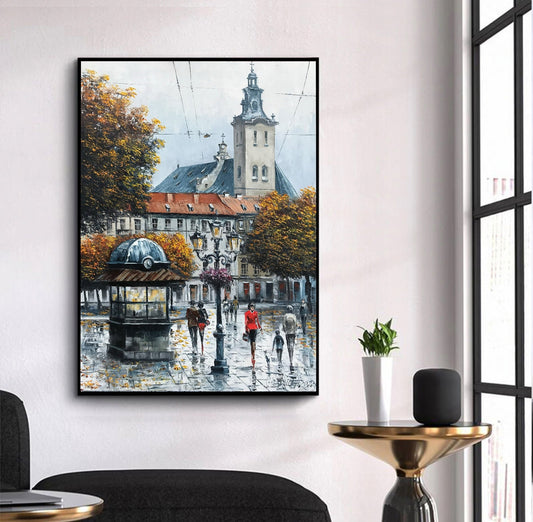 Prague Oil Painting Original City Street Scene Painting Prague Wall Art Autumn City Wall Art Large European Town Painting Europe Wall Art