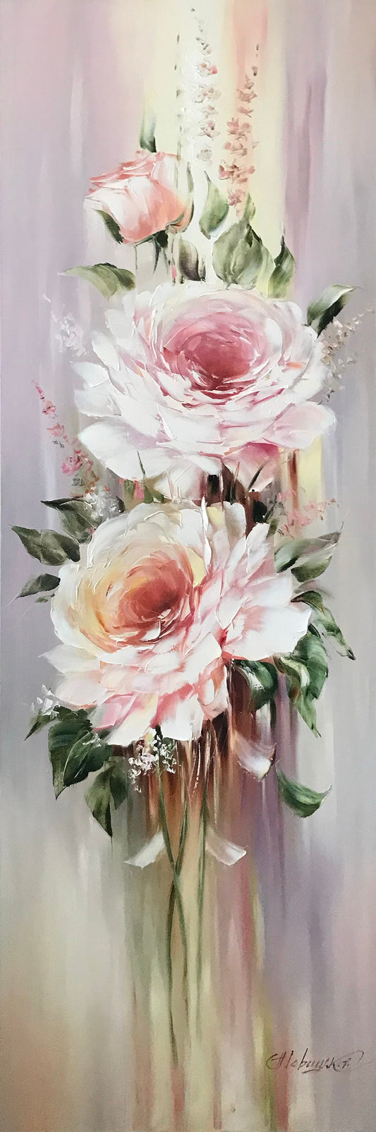 Long Narrow Wall Art Abstract Roses Flowers Oil Painting Tall Wall Art Beige Flowers Painting Long Painting Vertical Narrow Room Wall Decor