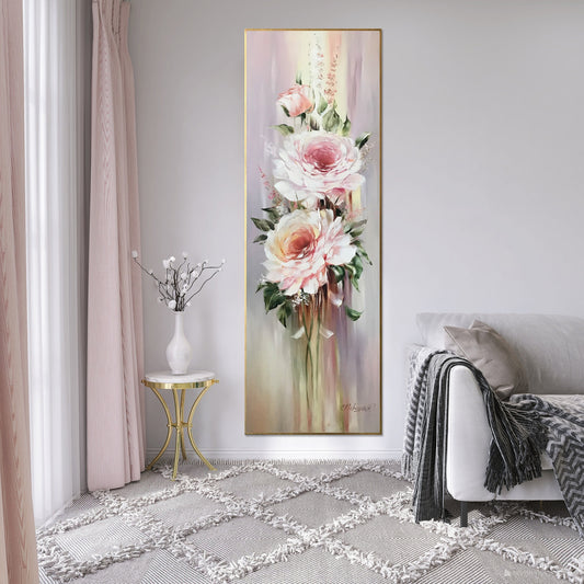 Long Narrow Wall Art Abstract Roses Flowers Oil Painting Tall Wall Art Beige Flowers Painting Long Painting Vertical Narrow Room Wall Decor