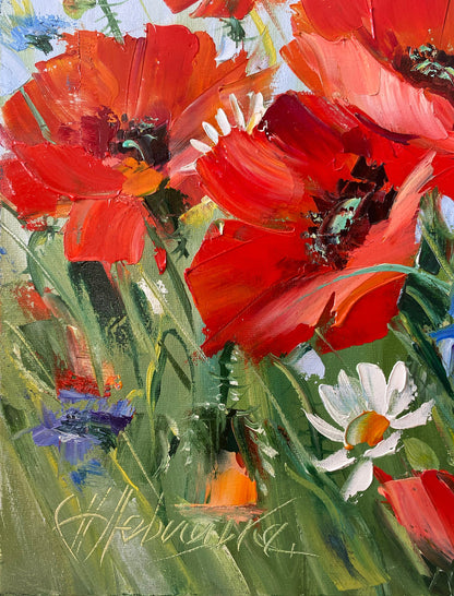 Poppy Field Oil Painting Original Art Work Red Poppies Painting on Canvas Wildflowers Art Floral Meadow Painting Ukrainian Poppy Wall Art