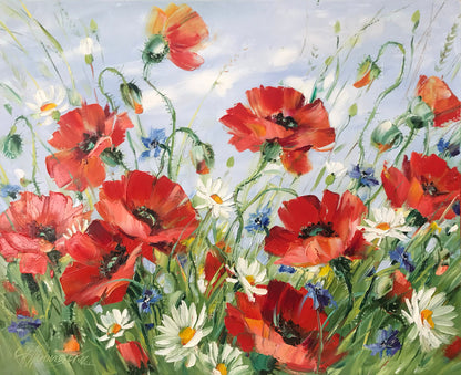 Poppy Field Oil Painting Original Art Work Red Poppies Painting on Canvas Wildflowers Art Floral Meadow Painting Ukrainian Poppy Wall Art