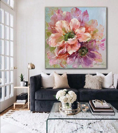 Large Floral Oil Painting Original Floral Art Work Abstract Flower Painting Large Textured Flower Canvas Wall Art Flowers Painting 36x36"