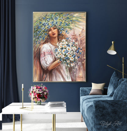 Ukrainian Girl Painting Original Woman with Bouquet Painting on Canvas Ukrainian Girl Art Ukraine Home Decor