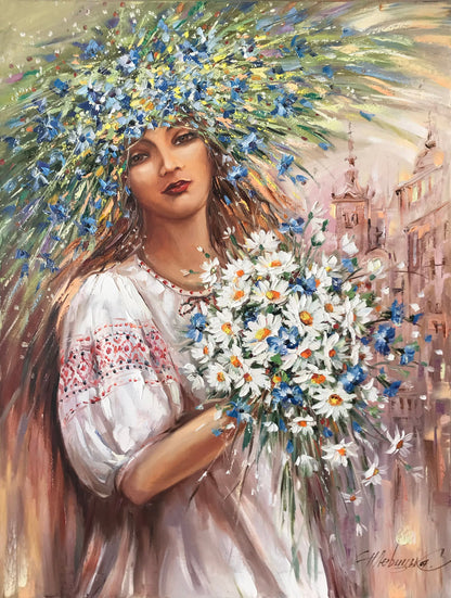 Ukrainian Girl Painting Original Woman with Bouquet Painting on Canvas Ukrainian Girl Art Ukraine Home Decor