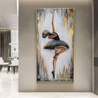 Abstract Ballerina Painting Original Black Ballerina Wall Art Dancing Girl Art Black Ballet Painting Gold Leaf Ballerina Painting on Canvas