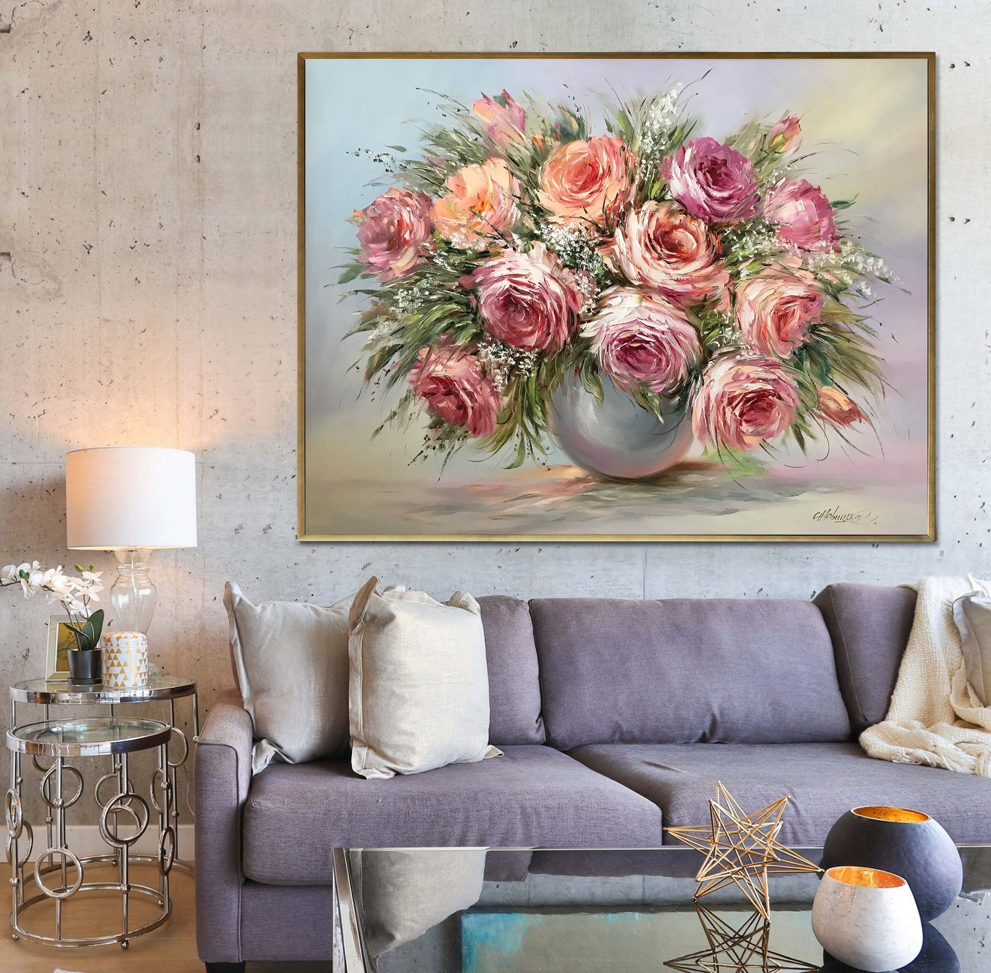 Large Flowers Oil Painting Original Pink Roses Wall Art Custom Bridal Bouquet Painting from Photo Pink Rose Flower Oil Painting on Canvas