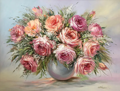 Large Flowers Oil Painting Original Pink Roses Wall Art Custom Bridal Bouquet Painting from Photo Pink Rose Flower Oil Painting on Canvas