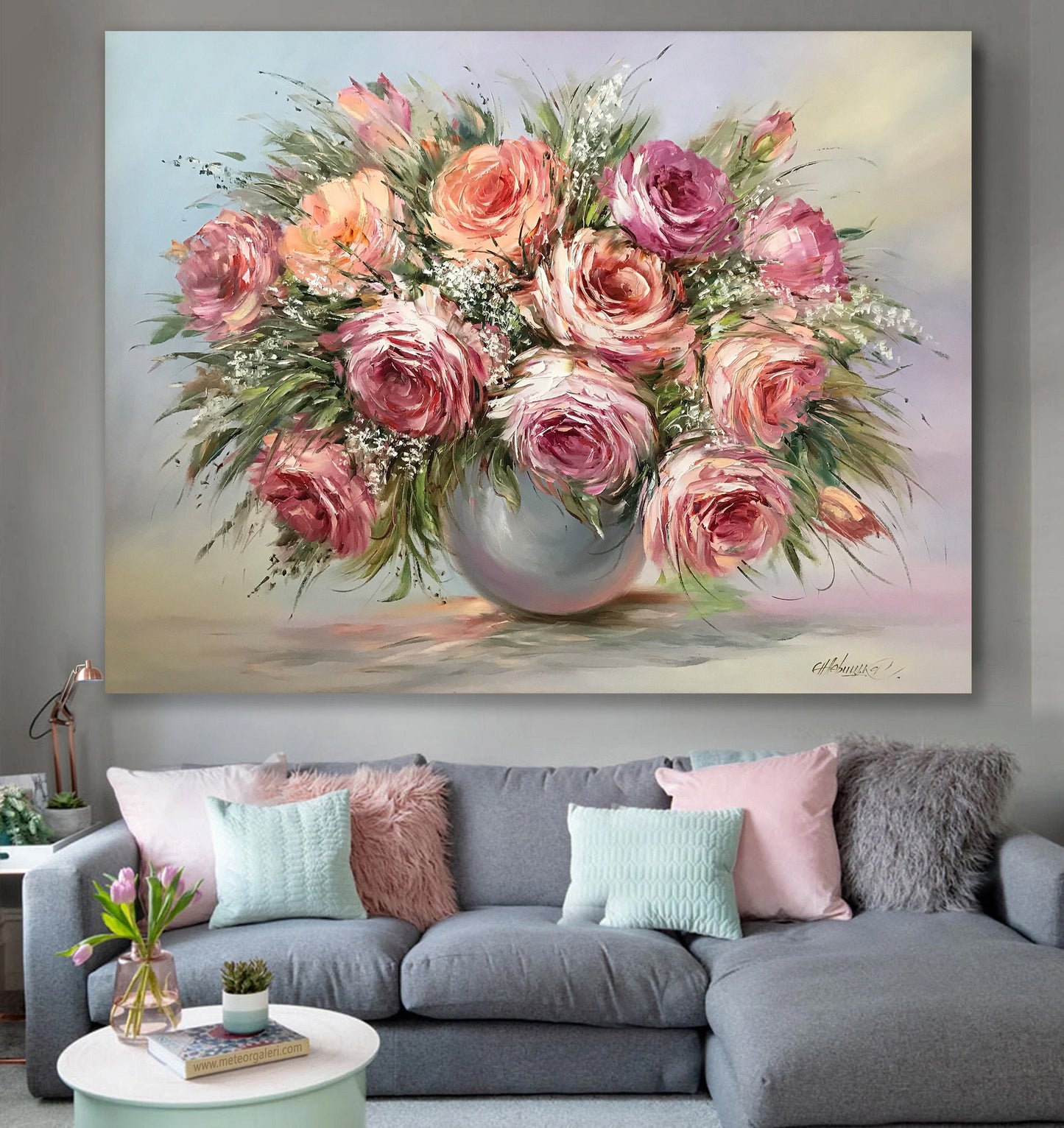 Large Flowers Oil Painting Original Pink Roses Wall Art Custom Bridal Bouquet Painting from Photo Pink Rose Flower Oil Painting on Canvas