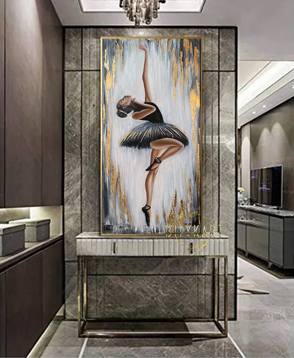 Abstract Ballerina Painting Original Black Ballerina Wall Art Dancing Girl Art Black Ballet Painting Gold Leaf Ballerina Painting on Canvas