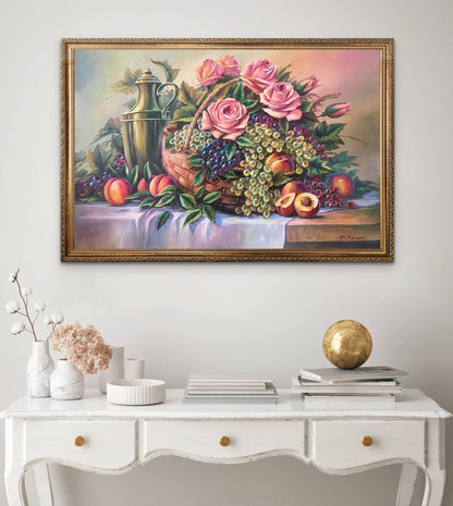 Still Life Fruit Basket Oil Painting Original Still Life Painting on Canvas Fruits And Flowers Oil Painting Classical Still Life Fruit Art