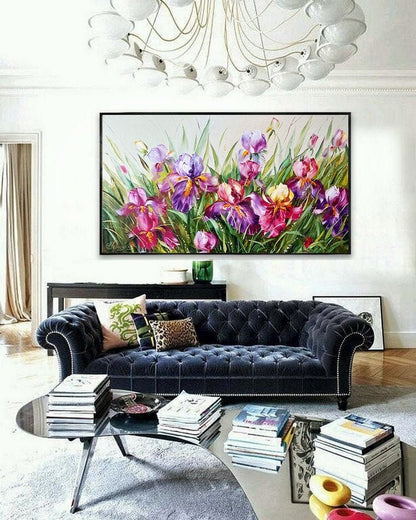 Large Horizontal Flower Oil Painting Original Flower Art Purple Iris Canvas Wall Art Green Floral Oil Painting Bearded Iris Flower Painting