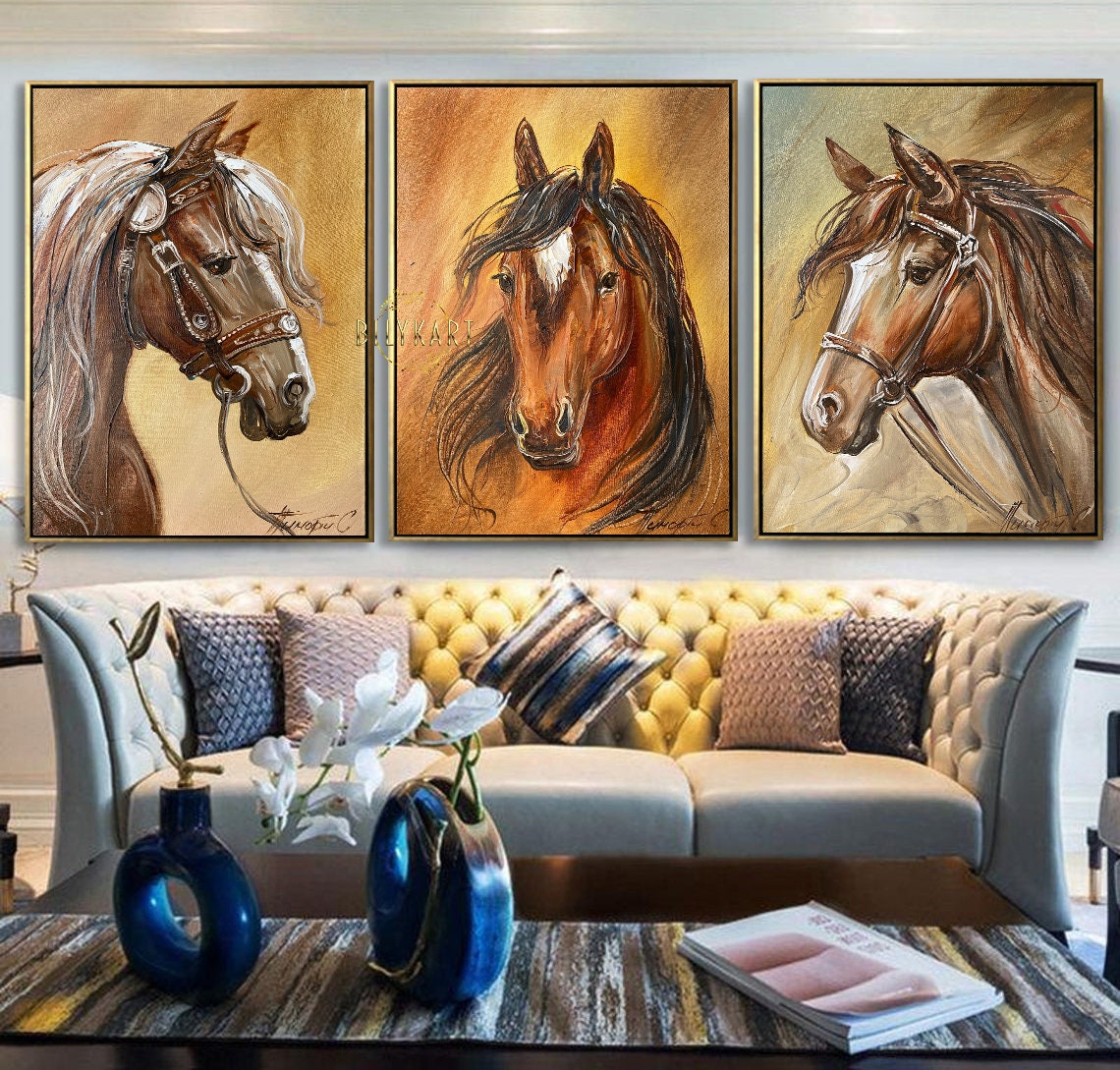 Set of 3 Oil Painting Original Large Horse Wall Art Decor Arabian Horse Paintings on Canvas 3 Piece Wall Art Large Three Horse Paintings Set