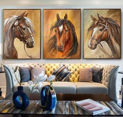 Set of 3 Oil Painting Original Large Horse Wall Art Decor Arabian Horse Paintings on Canvas 3 Piece Wall Art Large Three Horse Paintings Set