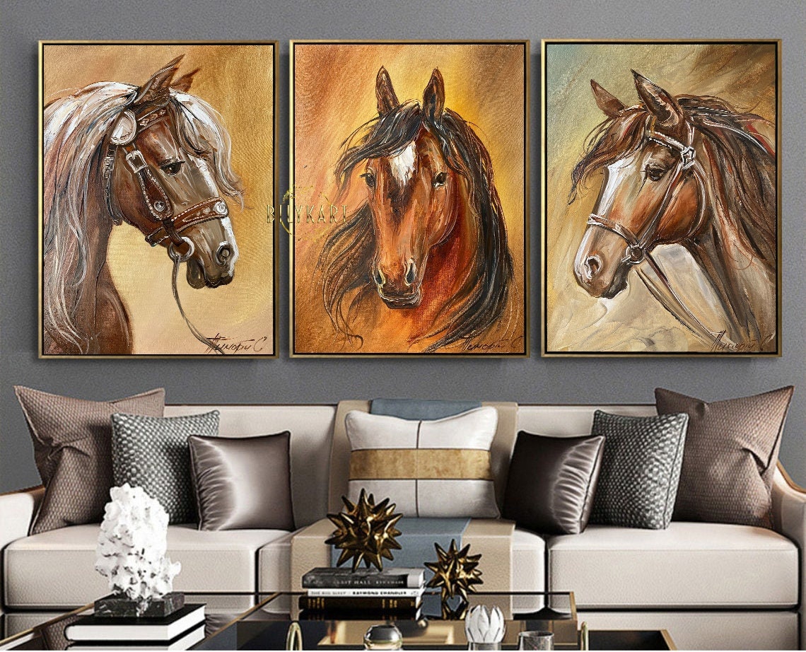 Set of 3 Oil Painting Original Large Horse Wall Art Decor Arabian Horse Paintings on Canvas 3 Piece Wall Art Large Three Horse Paintings Set