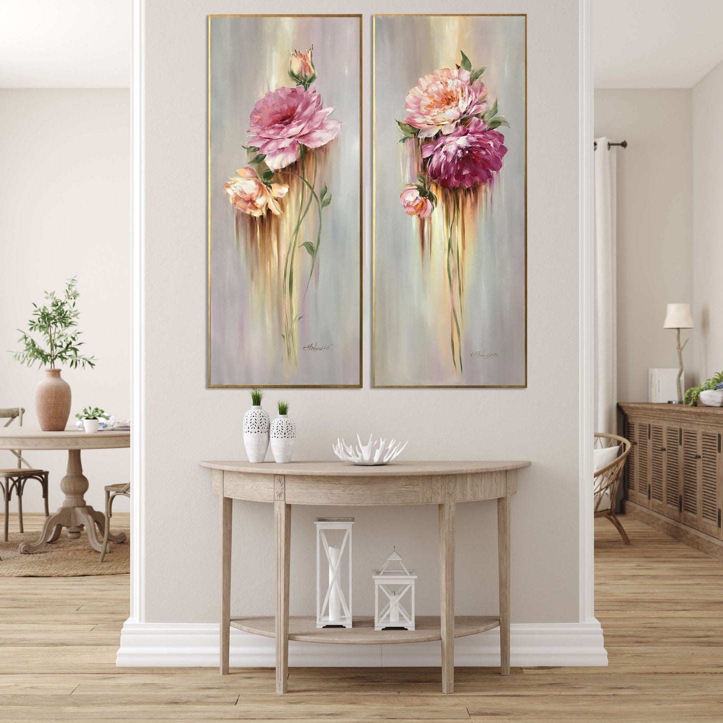 Long Narrow Wall Art Abstract Flower Oil Painting 2 Piece Wall Art 2 Flower Paintings Set of Two Long Paintings Vertical Narrow Wall Decor