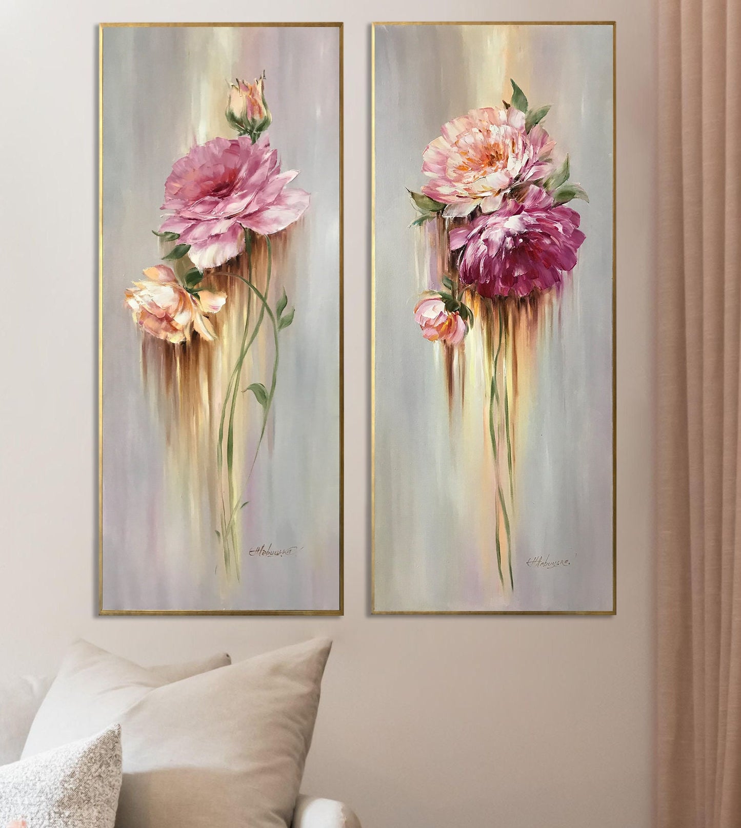 Long Narrow Wall Art Abstract Flower Oil Painting 2 Piece Wall Art 2 Flower Paintings Set of Two Long Paintings Vertical Narrow Wall Decor