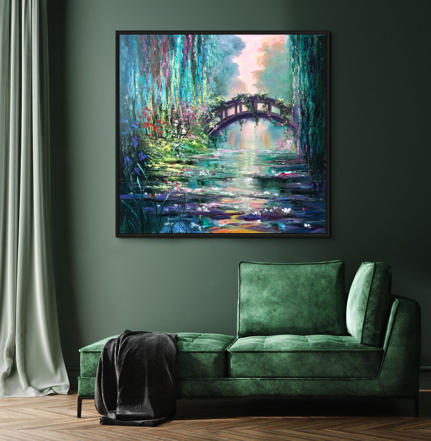 Claude Monet Water Lilies Oil Painting Impressionist Artist Blue and Green Nature Painting, Japanese Bridge Art, Water Lily Pond Artwork
